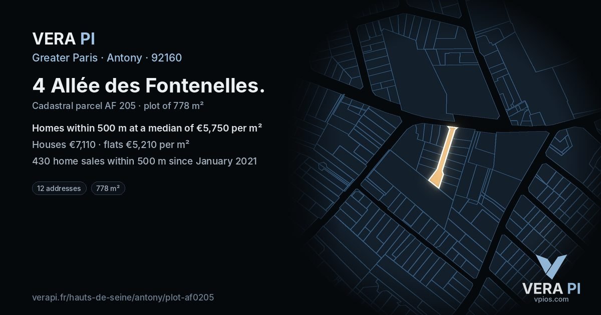 4 Allée des Fontenelles, Antony at night – the plot lit, the parcels around coloured by the prices near them