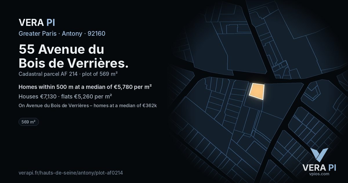 55 Avenue du Bois de Verrières, Antony at night – the plot lit, the parcels around coloured by the prices near them
