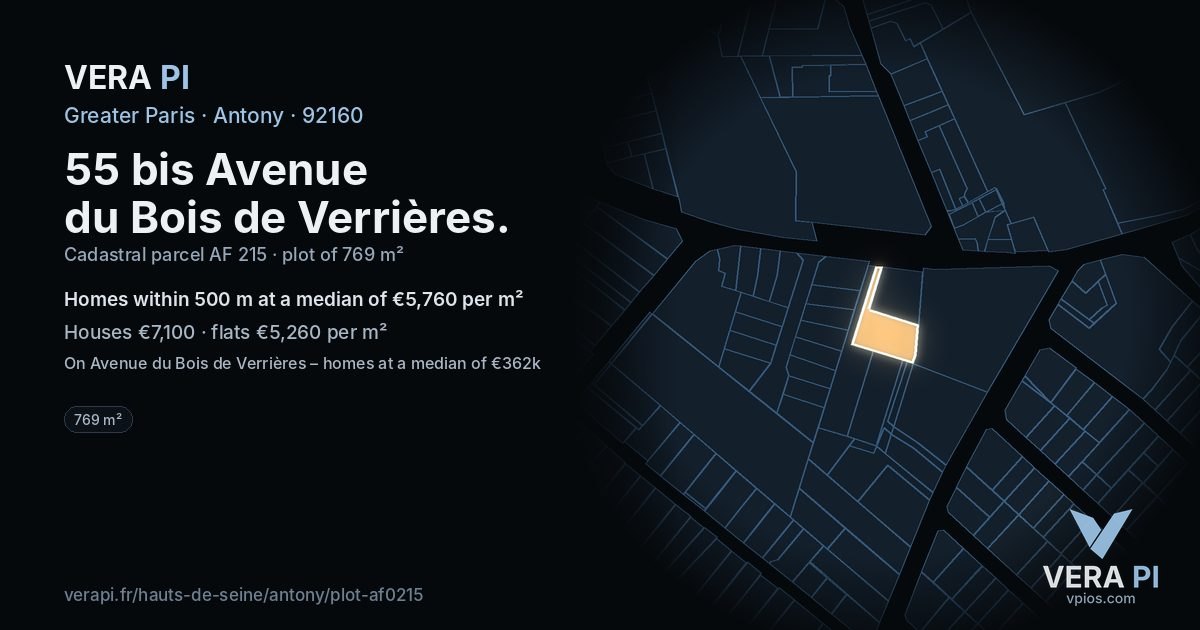 55 bis Avenue du Bois de Verrières, Antony at night – the plot lit, the parcels around coloured by the prices near them