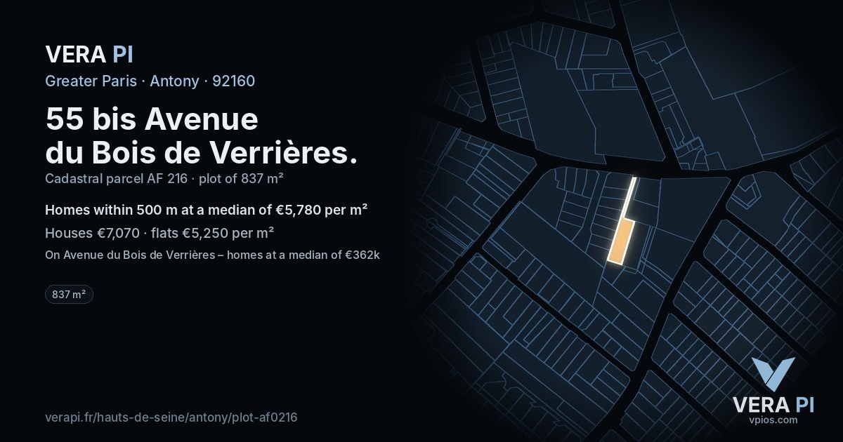 55 bis Avenue du Bois de Verrières, Antony at night – the plot lit, the parcels around coloured by the prices near them
