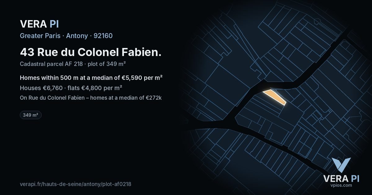 43 Rue du Colonel Fabien, Antony at night – the plot lit, the parcels around coloured by the prices near them