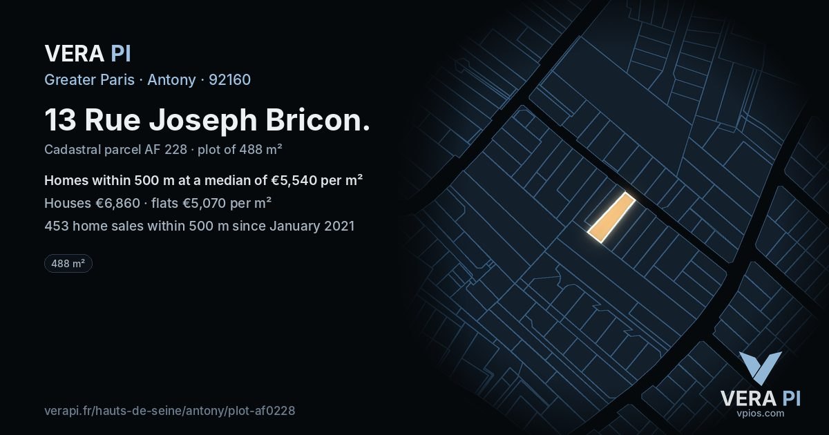 13 Rue Joseph Bricon, Antony at night – the plot lit, the parcels around coloured by the prices near them