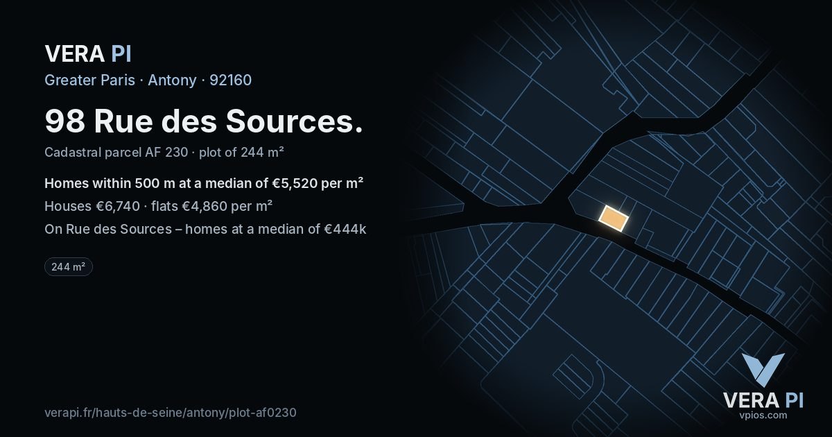 98 Rue des Sources, Antony at night – the plot lit, the parcels around coloured by the prices near them