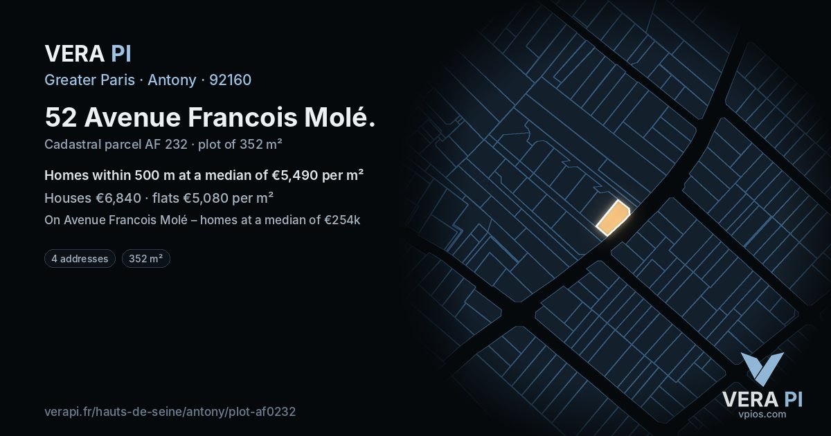 52 Avenue Francois Molé, Antony at night – the plot lit, the parcels around coloured by the prices near them