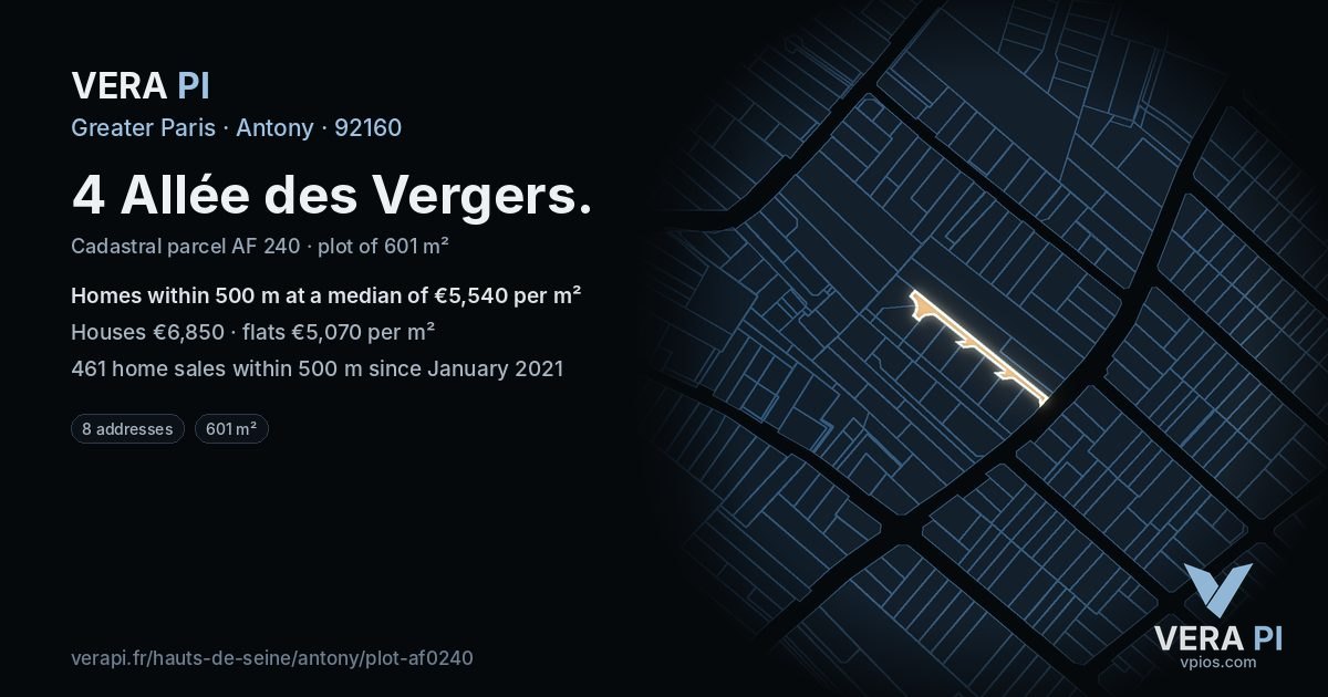 4 Allée des Vergers, Antony at night – the plot lit, the parcels around coloured by the prices near them