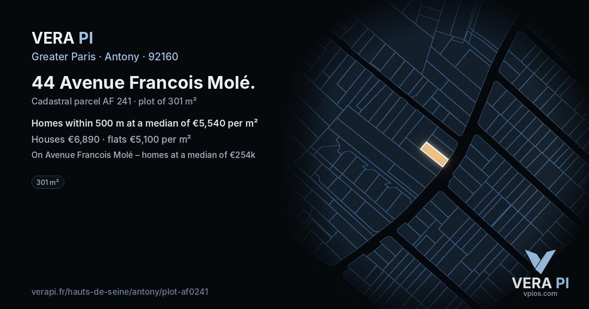 44 Avenue Francois Molé, Antony at night – the plot lit, the parcels around coloured by the prices near them