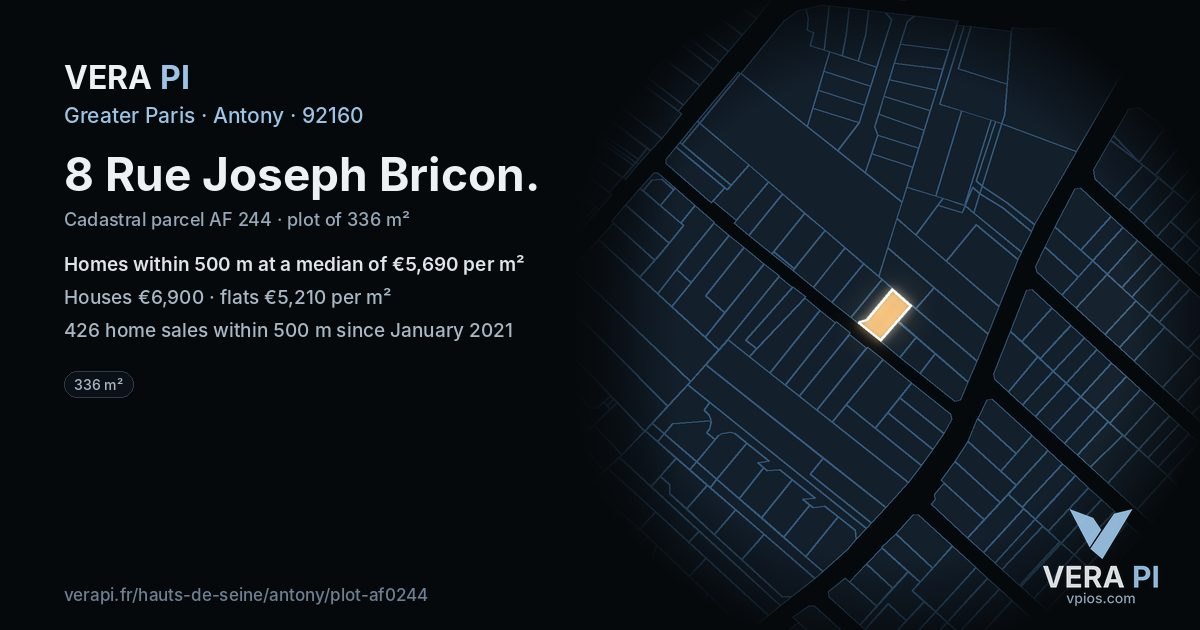 8 Rue Joseph Bricon, Antony at night – the plot lit, the parcels around coloured by the prices near them
