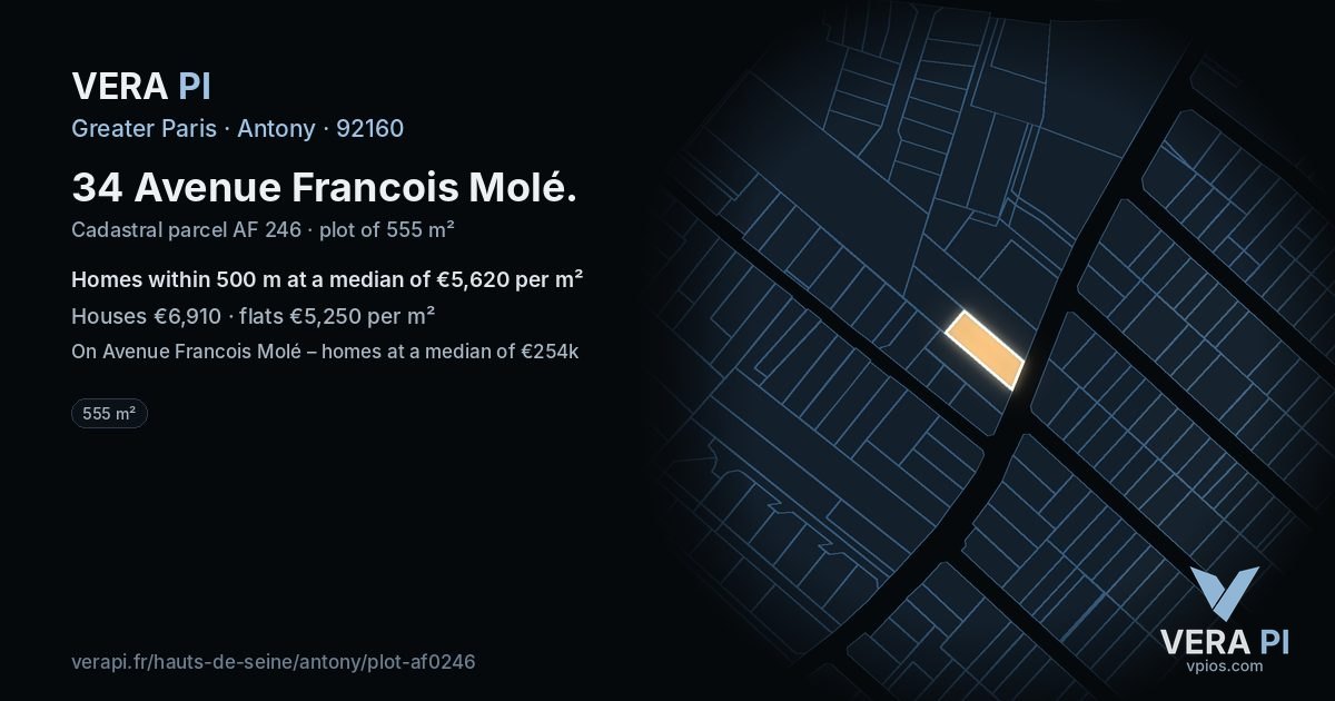 34 Avenue Francois Molé, Antony at night – the plot lit, the parcels around coloured by the prices near them