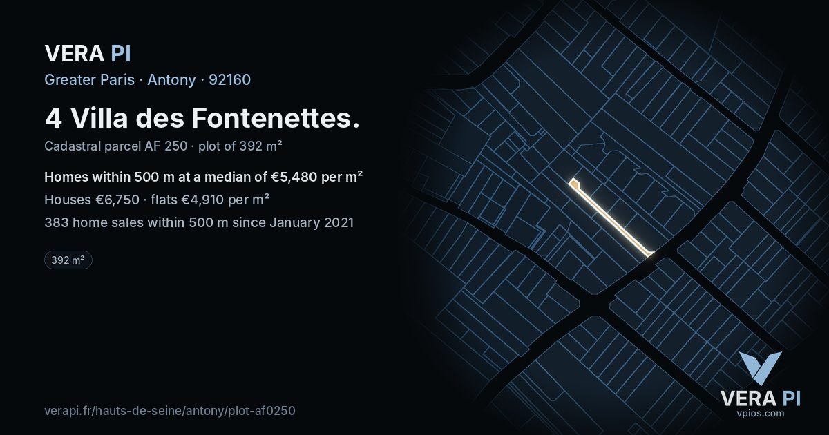 4 Villa des Fontenettes, Antony at night – the plot lit, the parcels around coloured by the prices near them