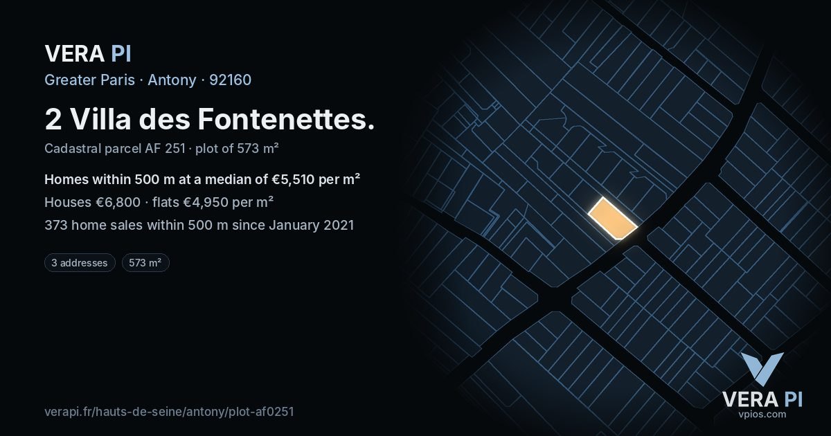 2 Villa des Fontenettes, Antony at night – the plot lit, the parcels around coloured by the prices near them