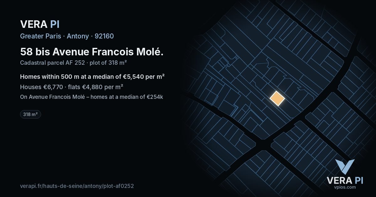 58 bis Avenue Francois Molé, Antony at night – the plot lit, the parcels around coloured by the prices near them