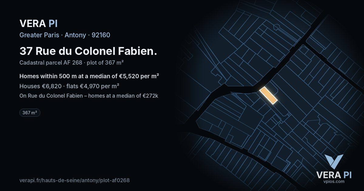 37 Rue du Colonel Fabien, Antony at night – the plot lit, the parcels around coloured by the prices near them