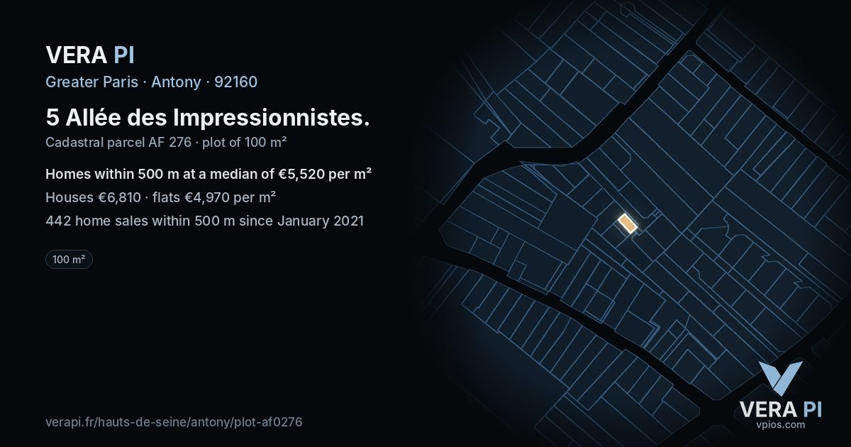 5 Allée des Impressionnistes, Antony at night – the plot lit, the parcels around coloured by the prices near them