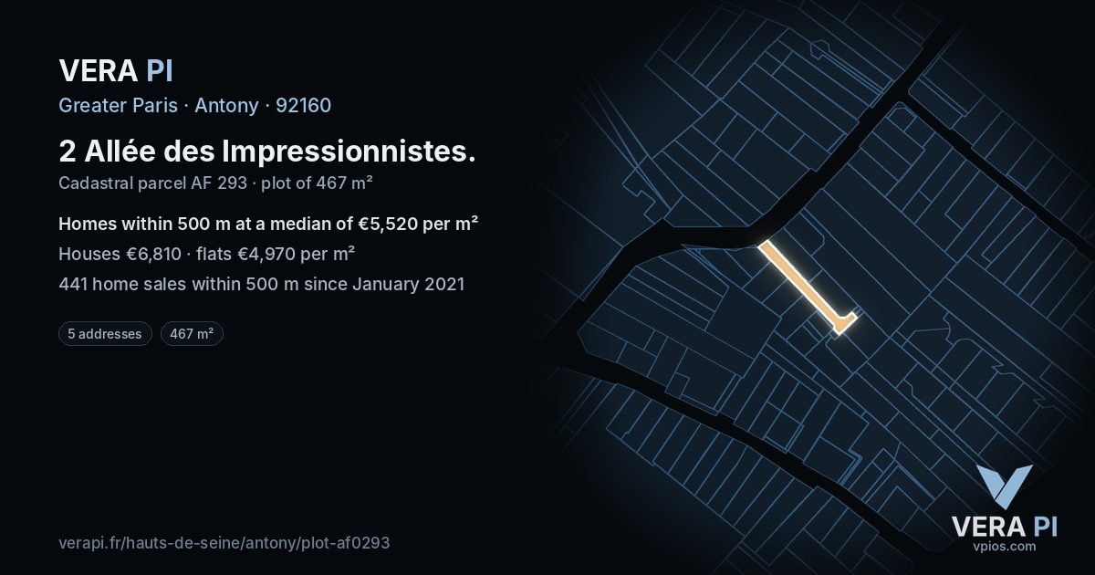 2 Allée des Impressionnistes, Antony at night – the plot lit, the parcels around coloured by the prices near them