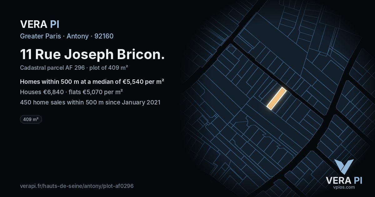 11 Rue Joseph Bricon, Antony at night – the plot lit, the parcels around coloured by the prices near them
