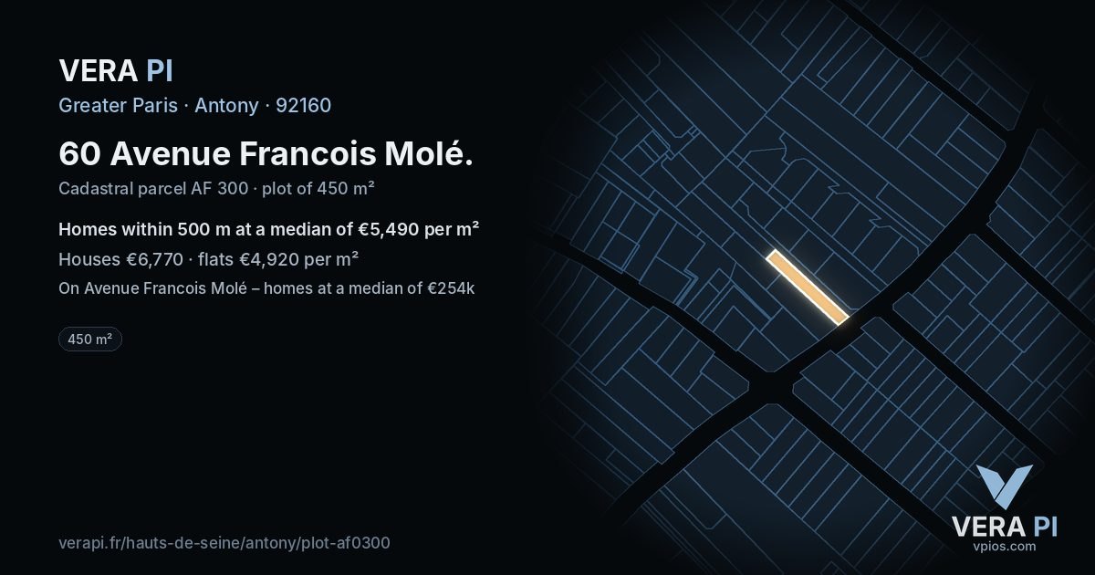 60 Avenue Francois Molé, Antony at night – the plot lit, the parcels around coloured by the prices near them