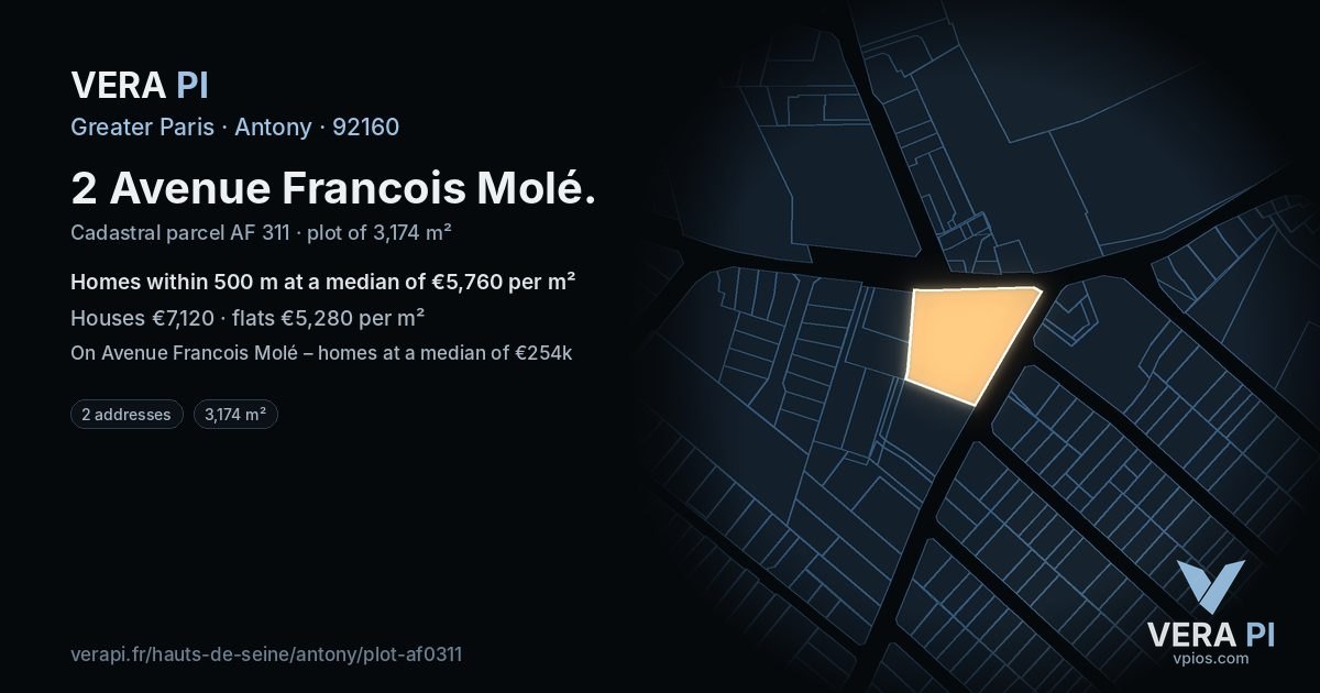 2 Avenue Francois Molé, Antony at night – the plot lit, the parcels around coloured by the prices near them