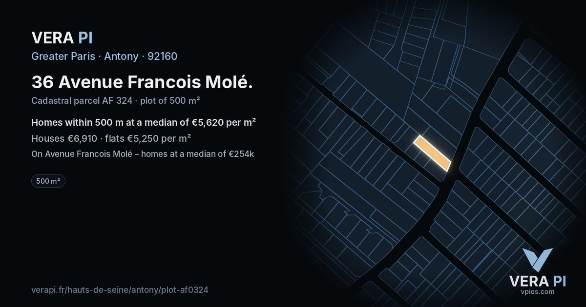 36 Avenue Francois Molé, Antony at night – the plot lit, the parcels around coloured by the prices near them