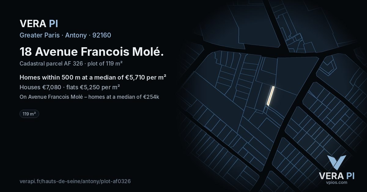 18 Avenue Francois Molé, Antony at night – the plot lit, the parcels around coloured by the prices near them