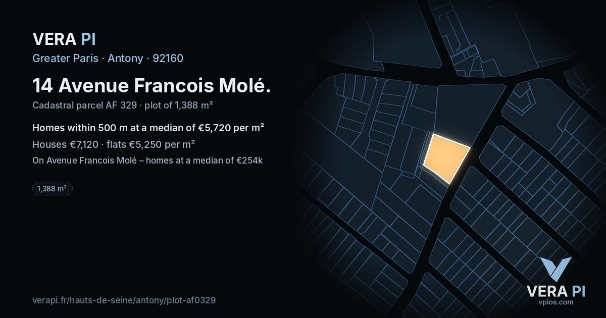 14 Avenue Francois Molé, Antony at night – the plot lit, the parcels around coloured by the prices near them