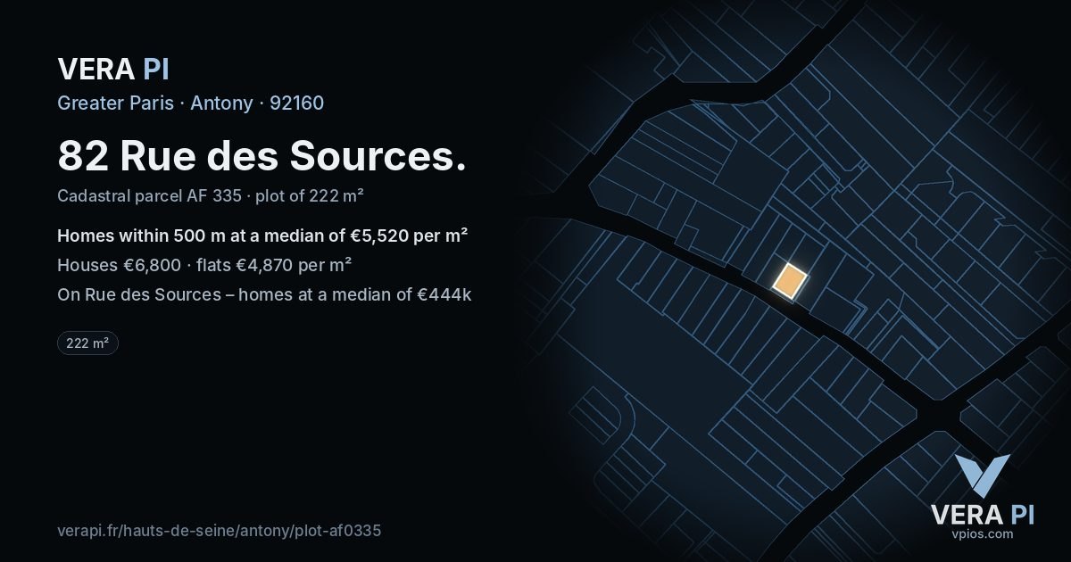 82 Rue des Sources, Antony at night – the plot lit, the parcels around coloured by the prices near them