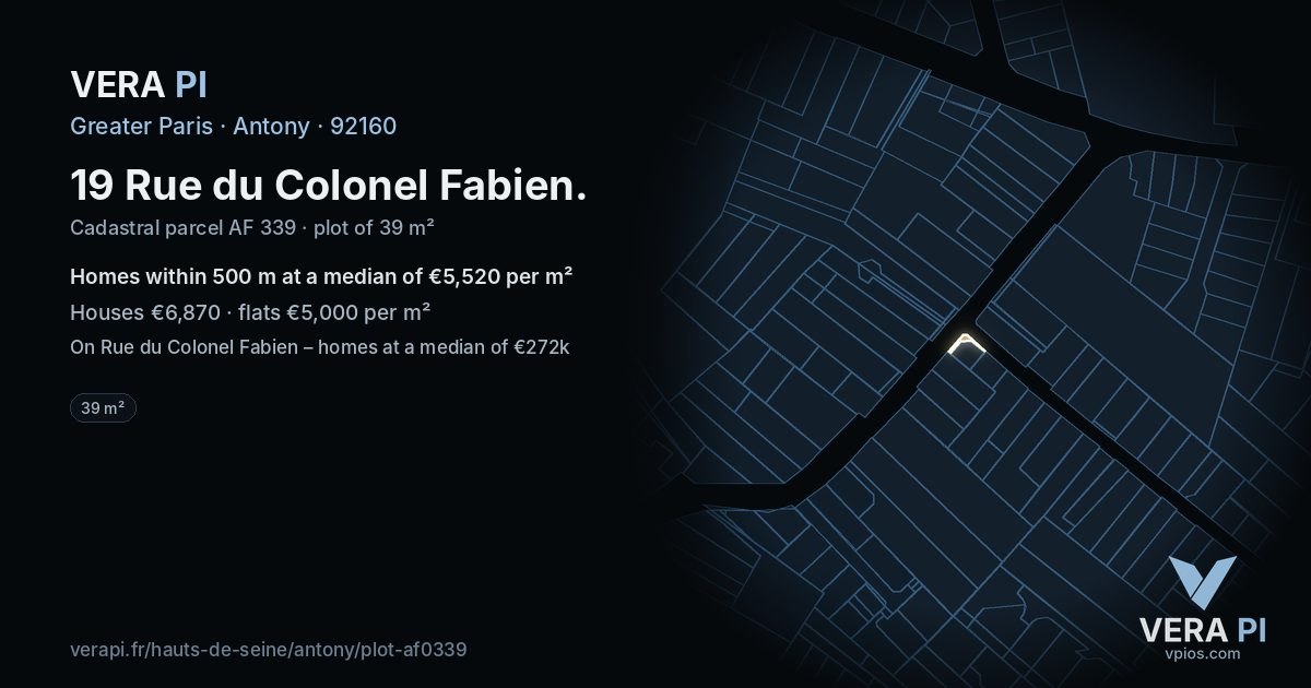 19 Rue du Colonel Fabien, Antony at night – the plot lit, the parcels around coloured by the prices near them