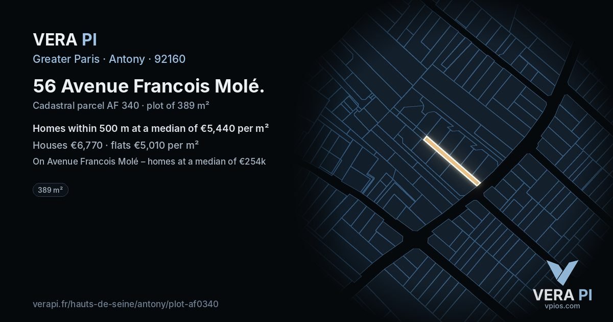 56 Avenue Francois Molé, Antony at night – the plot lit, the parcels around coloured by the prices near them