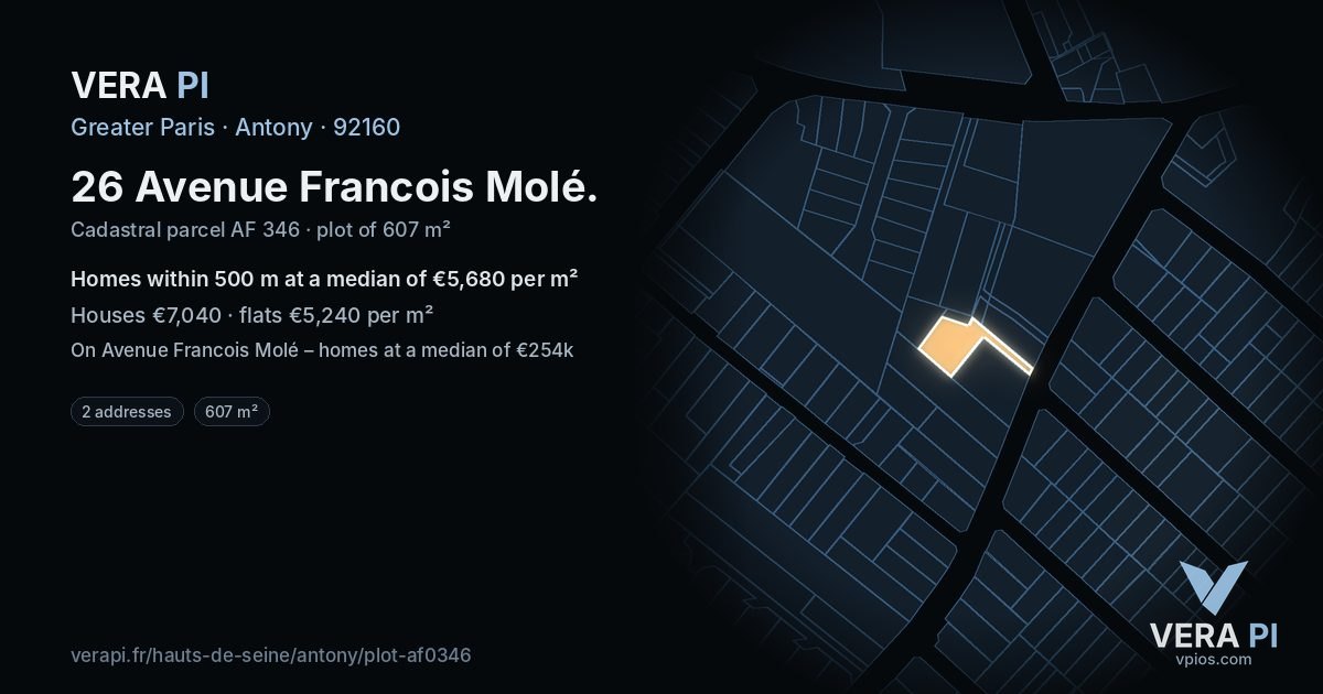 26 Avenue Francois Molé, Antony at night – the plot lit, the parcels around coloured by the prices near them