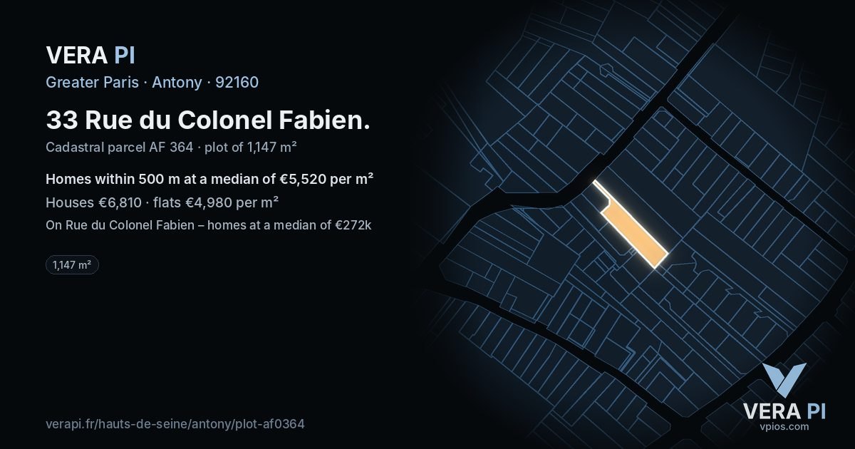 33 Rue du Colonel Fabien, Antony at night – the plot lit, the parcels around coloured by the prices near them