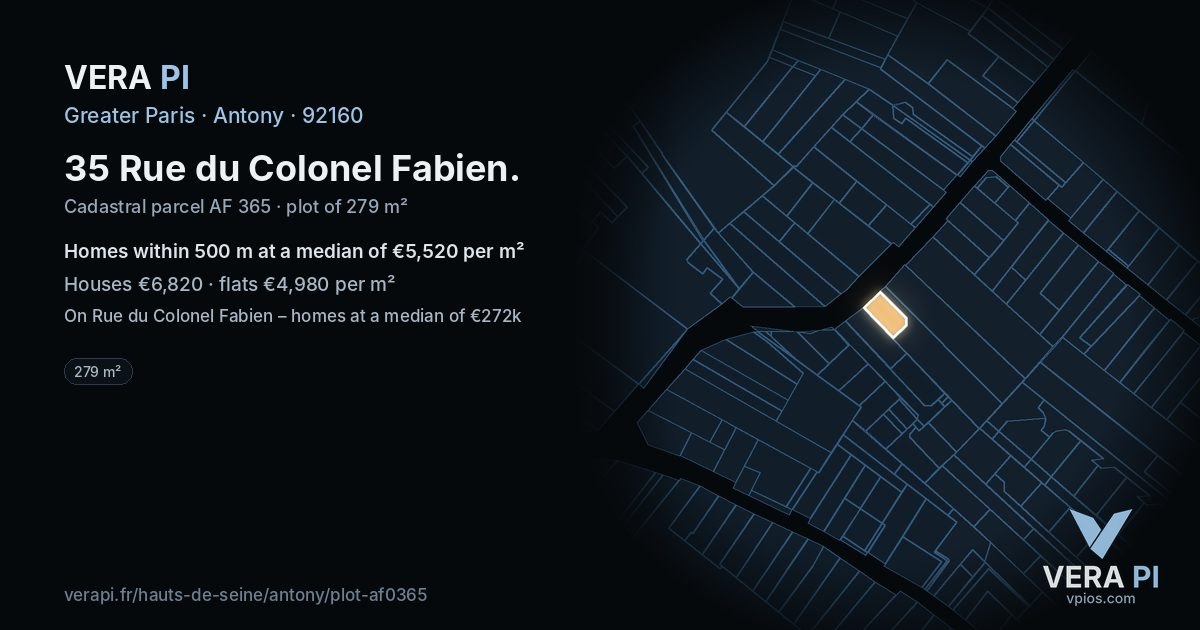 35 Rue du Colonel Fabien, Antony at night – the plot lit, the parcels around coloured by the prices near them