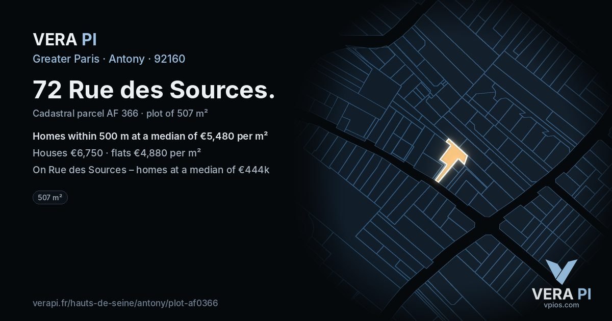 72 Rue des Sources, Antony at night – the plot lit, the parcels around coloured by the prices near them