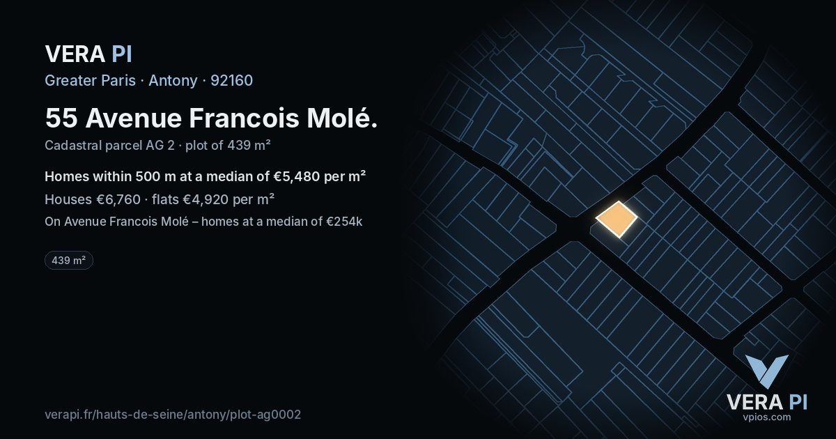 55 Avenue Francois Molé, Antony at night – the plot lit, the parcels around coloured by the prices near them