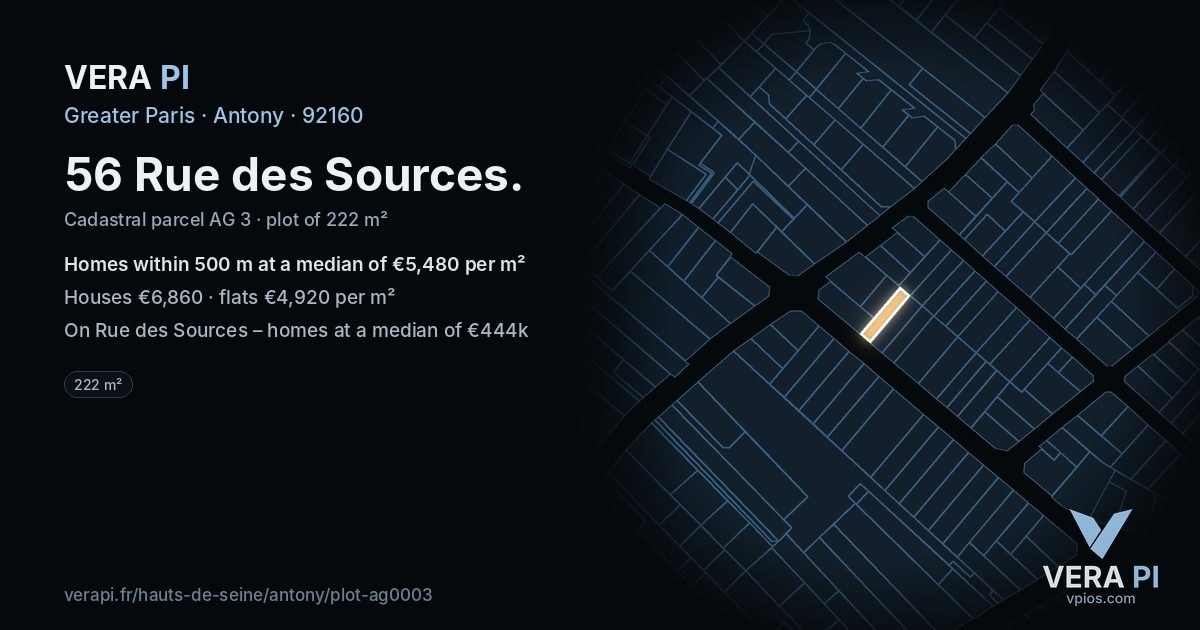 56 Rue des Sources, Antony at night – the plot lit, the parcels around coloured by the prices near them