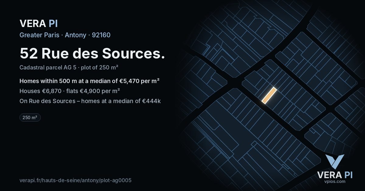 52 Rue des Sources, Antony at night – the plot lit, the parcels around coloured by the prices near them