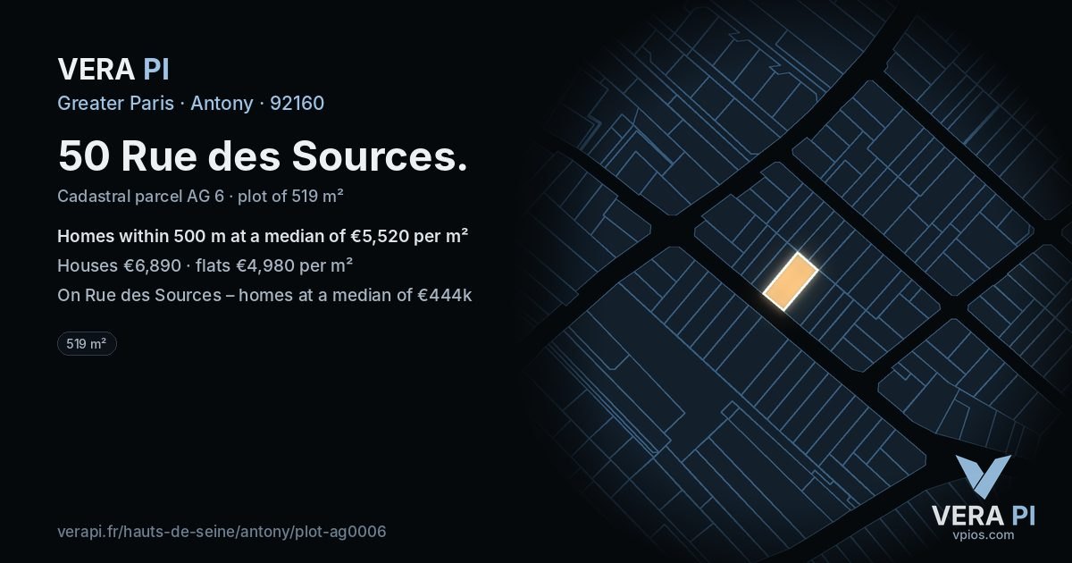 50 Rue des Sources, Antony at night – the plot lit, the parcels around coloured by the prices near them