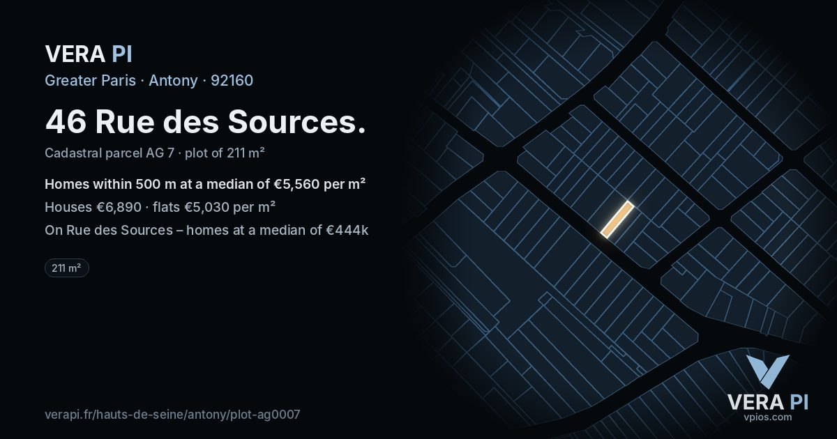 46 Rue des Sources, Antony at night – the plot lit, the parcels around coloured by the prices near them