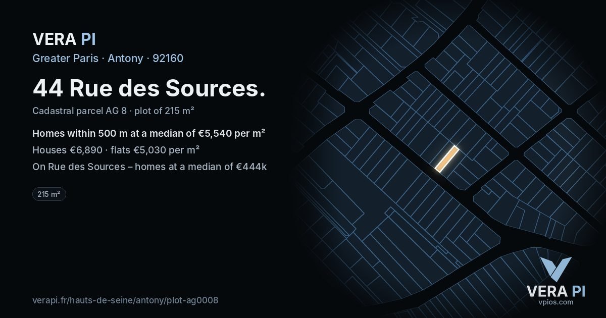 44 Rue des Sources, Antony at night – the plot lit, the parcels around coloured by the prices near them