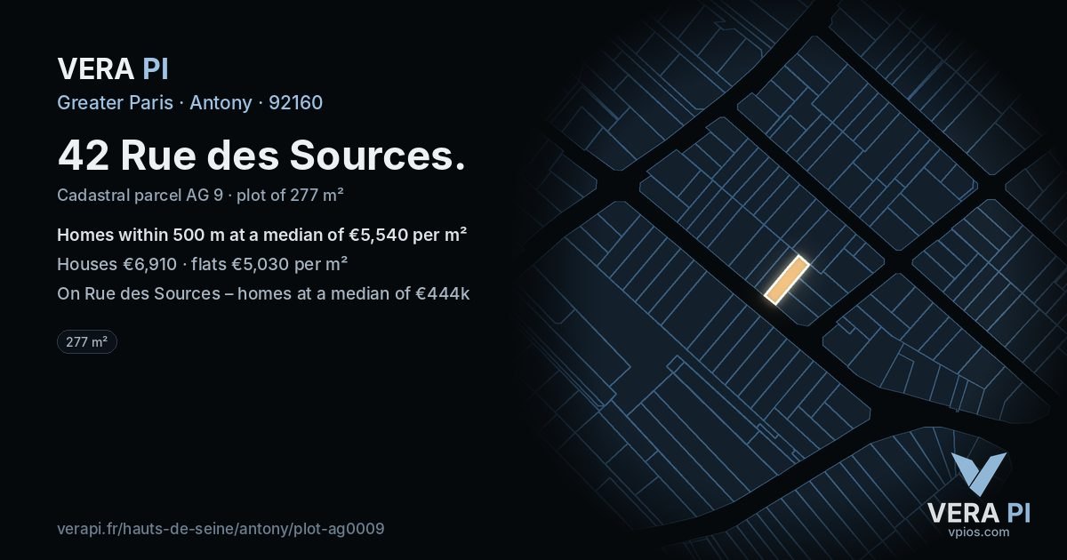 42 Rue des Sources, Antony at night – the plot lit, the parcels around coloured by the prices near them