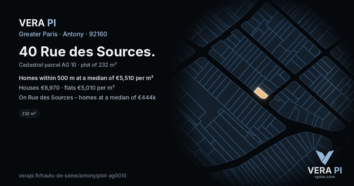 40 Rue des Sources, Antony at night – the plot lit, the parcels around coloured by the prices near them