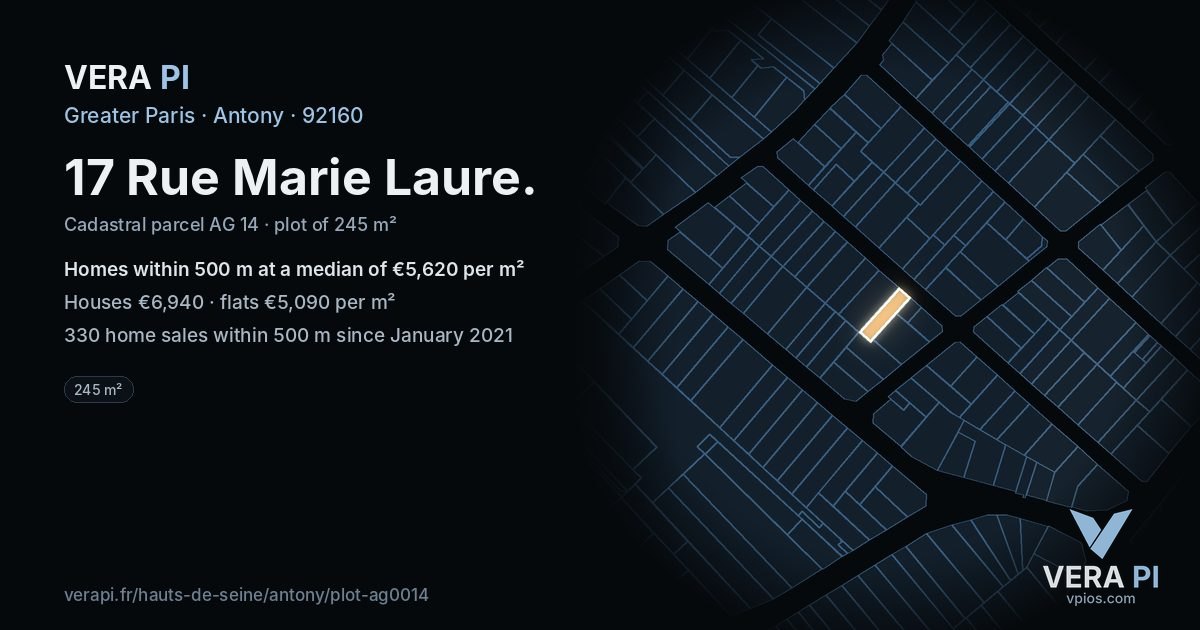 17 Rue Marie Laure, Antony at night – the plot lit, the parcels around coloured by the prices near them