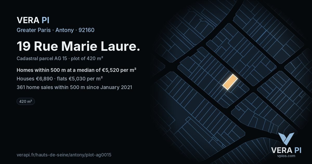 19 Rue Marie Laure, Antony at night – the plot lit, the parcels around coloured by the prices near them
