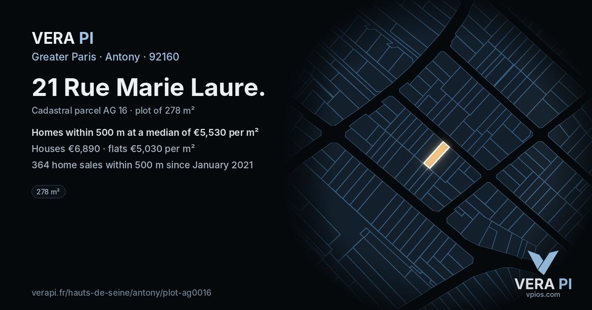 21 Rue Marie Laure, Antony at night – the plot lit, the parcels around coloured by the prices near them