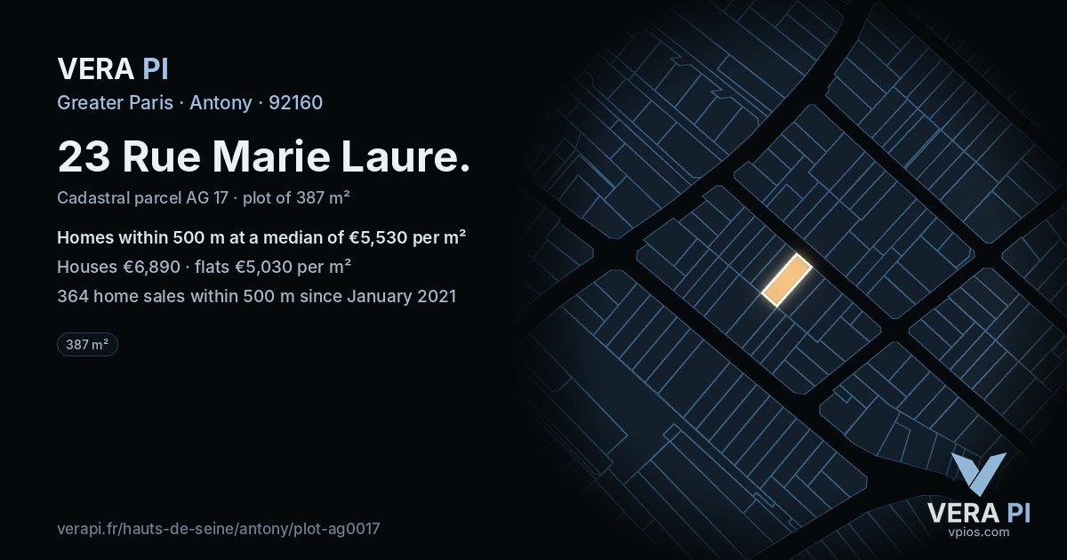 23 Rue Marie Laure, Antony at night – the plot lit, the parcels around coloured by the prices near them