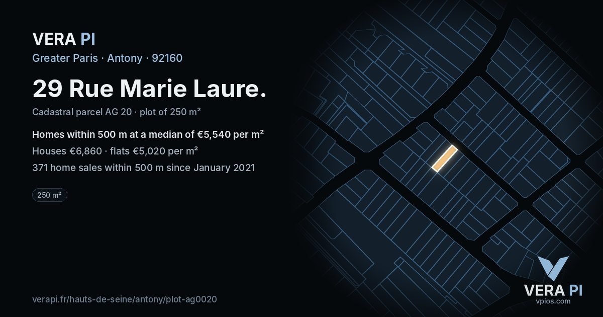 29 Rue Marie Laure, Antony at night – the plot lit, the parcels around coloured by the prices near them