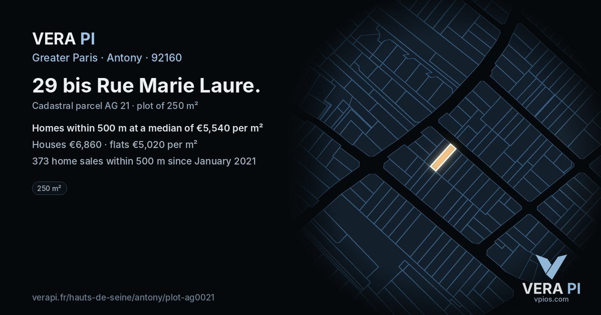 29 bis Rue Marie Laure, Antony at night – the plot lit, the parcels around coloured by the prices near them