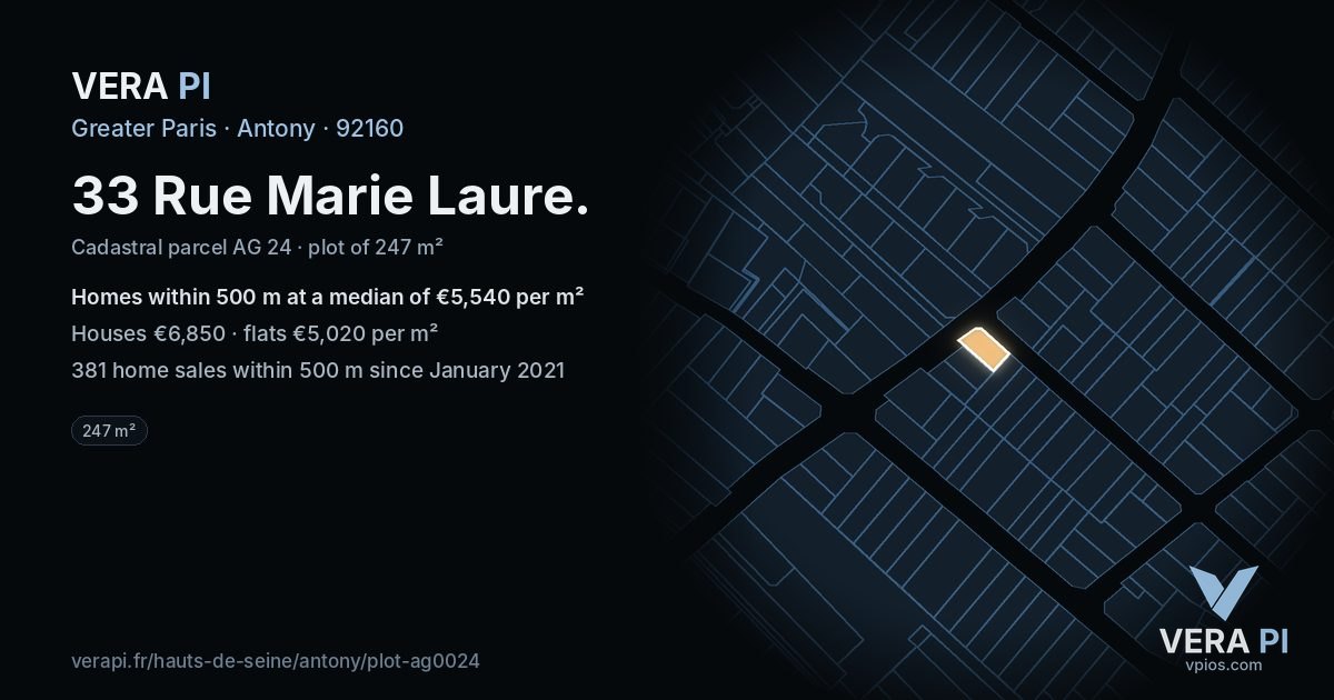 33 Rue Marie Laure, Antony at night – the plot lit, the parcels around coloured by the prices near them