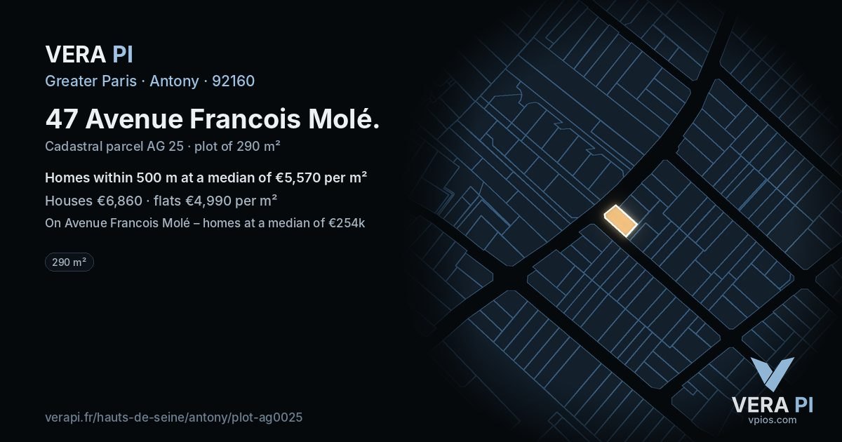 47 Avenue Francois Molé, Antony at night – the plot lit, the parcels around coloured by the prices near them