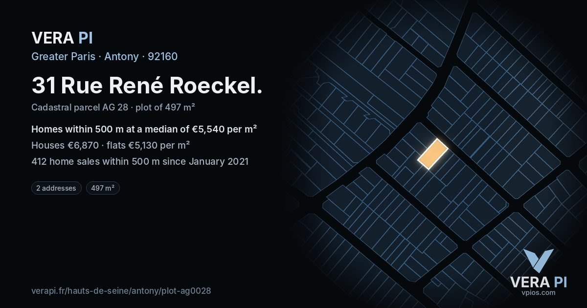 31 Rue René Roeckel, Antony at night – the plot lit, the parcels around coloured by the prices near them