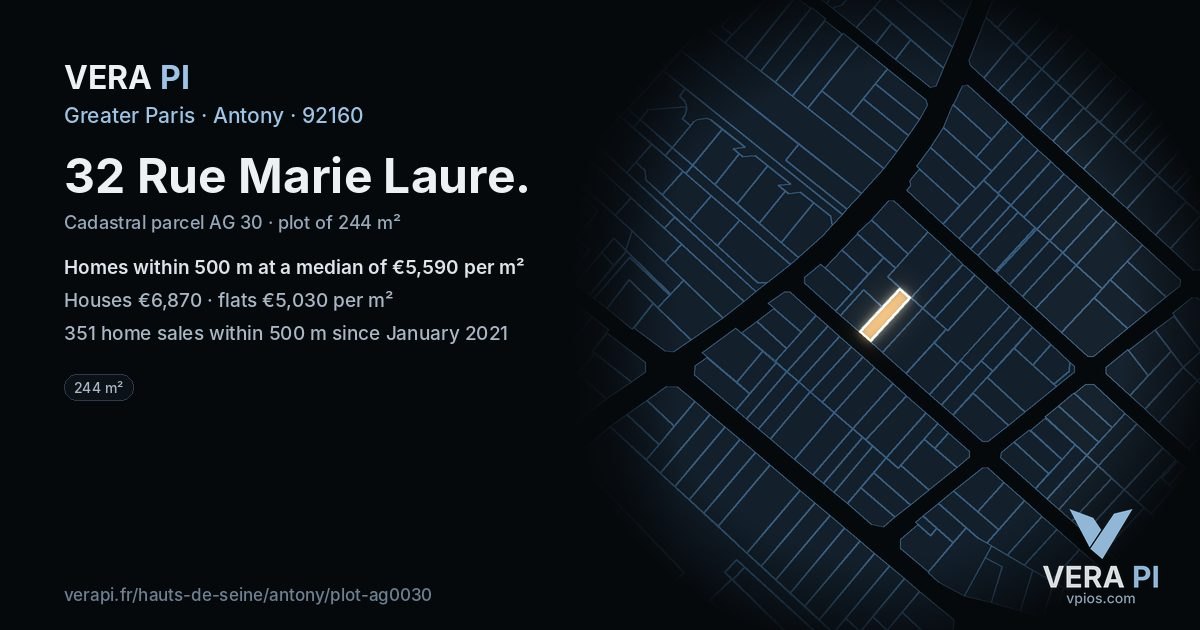 32 Rue Marie Laure, Antony at night – the plot lit, the parcels around coloured by the prices near them