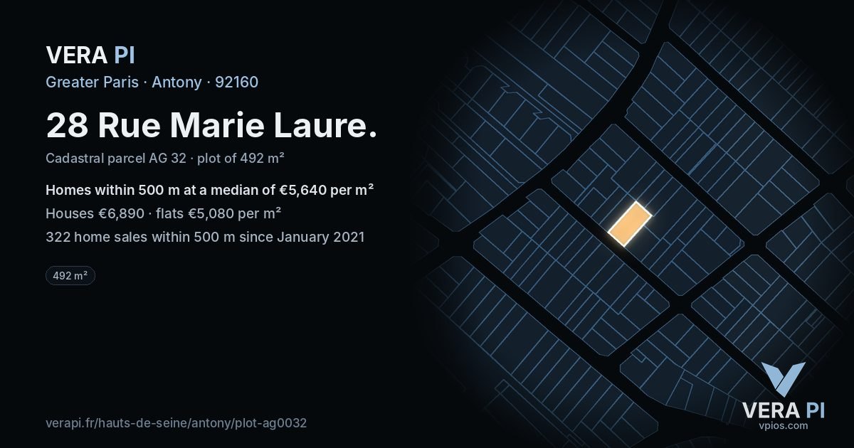 28 Rue Marie Laure, Antony at night – the plot lit, the parcels around coloured by the prices near them
